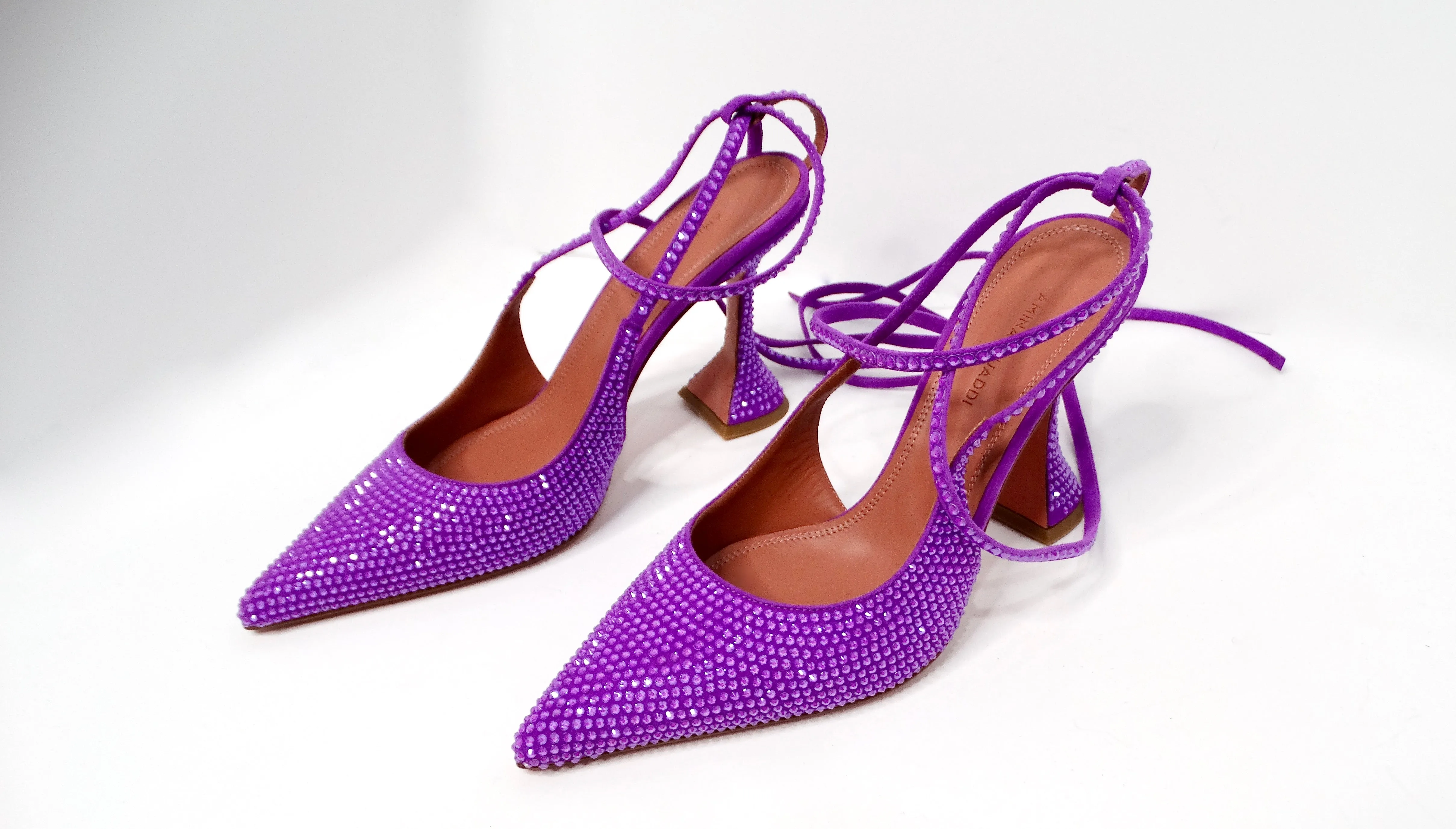 Amina Muaddi Karma Suede Purple Rhinestone Embellished Lace-Up Pumps