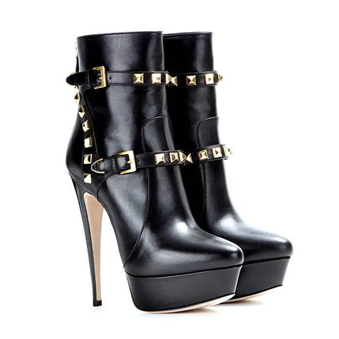 Black Leather Platform Buckle Rivet High Heel Boots