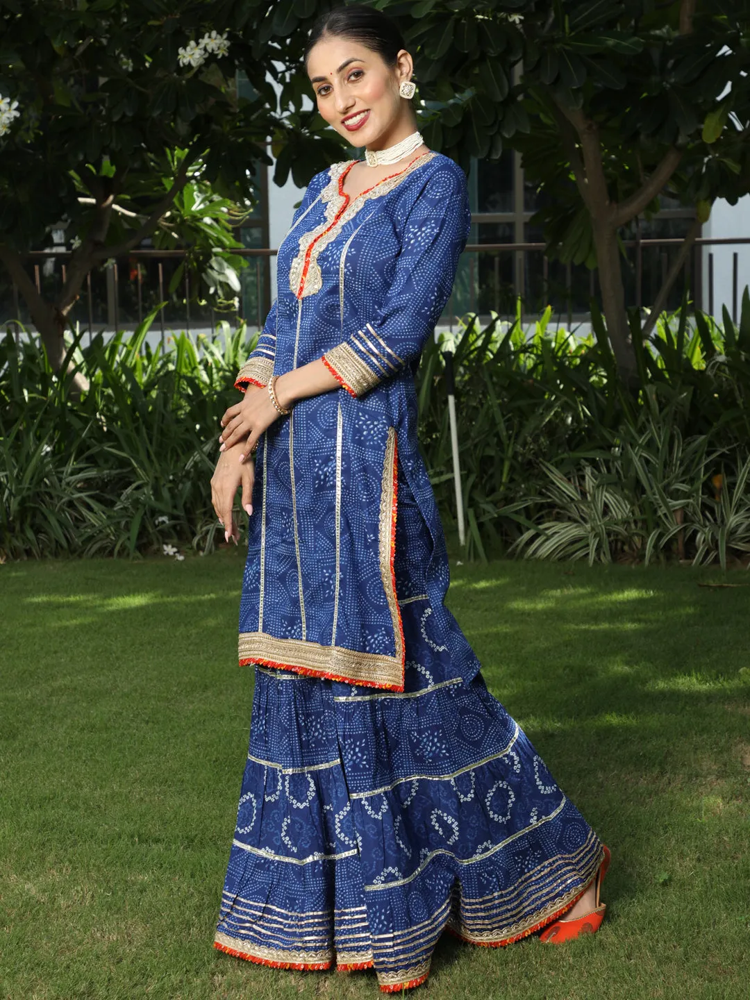 Blue Bandhani Print Kurta Sharara With Dupatta