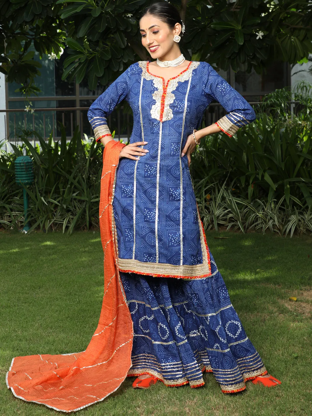 Blue Bandhani Print Kurta Sharara With Dupatta