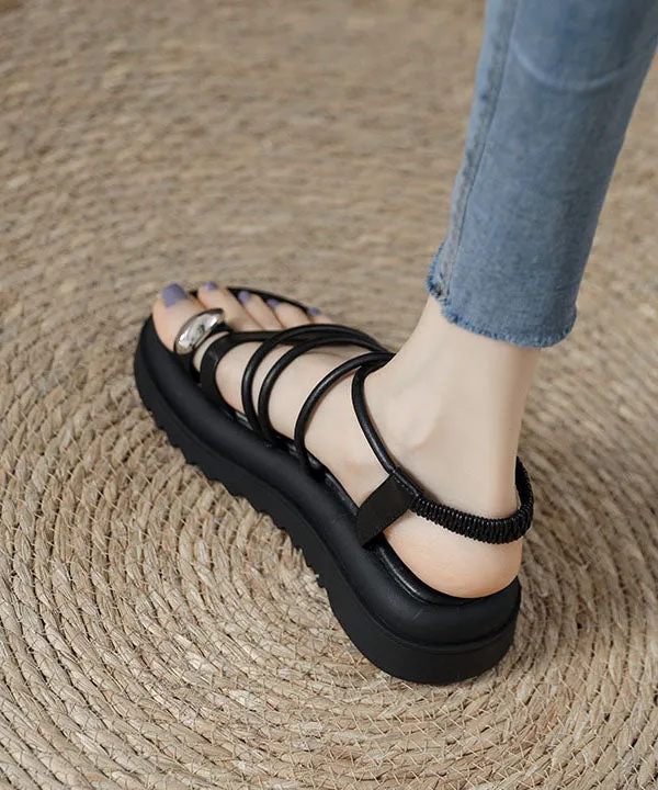 Boho Splicing Platform Sandals Black Cowhide Leather Peep Toe JJ059