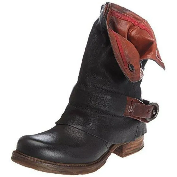 British Retro Flat Martin Boots Female Belt Buckle Cuffed Two Wear Boots