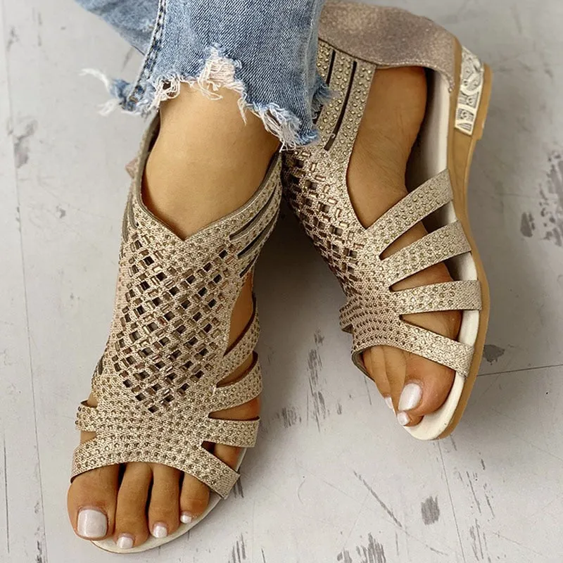 Gladiator Luxurious Rhinestone Low Heeled Wedges