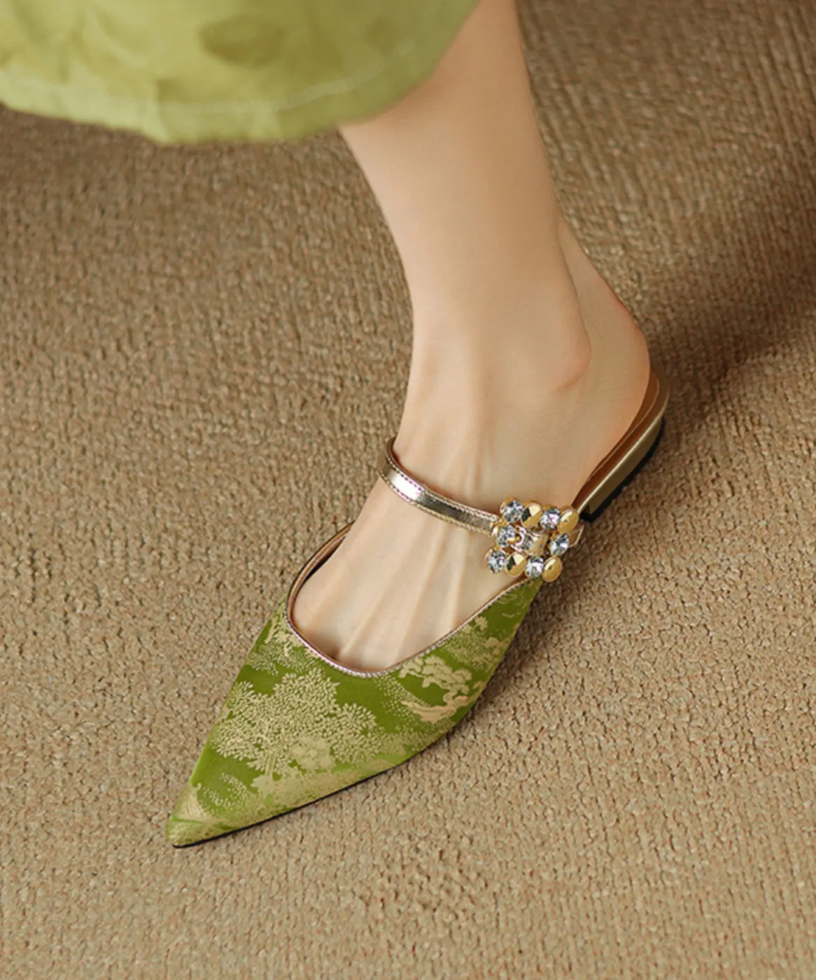 Green Chinese Style Splicing Zircon Slide Sandals Pointed Toe WT001