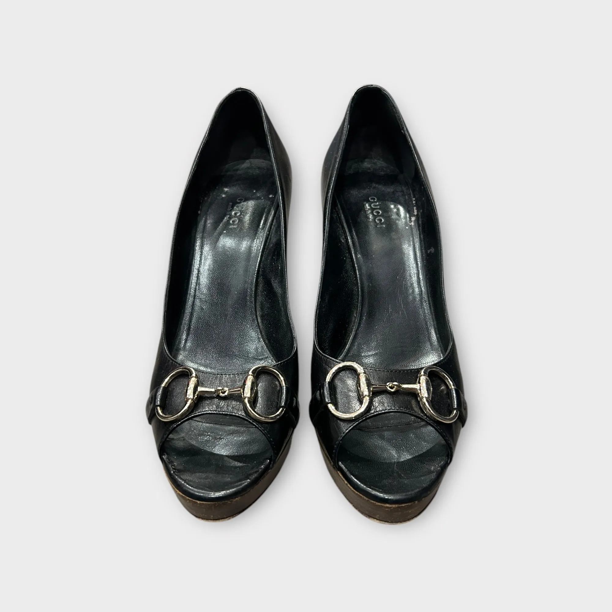 GUCCI Horsebit Black Leather Peep Toe - Size 41