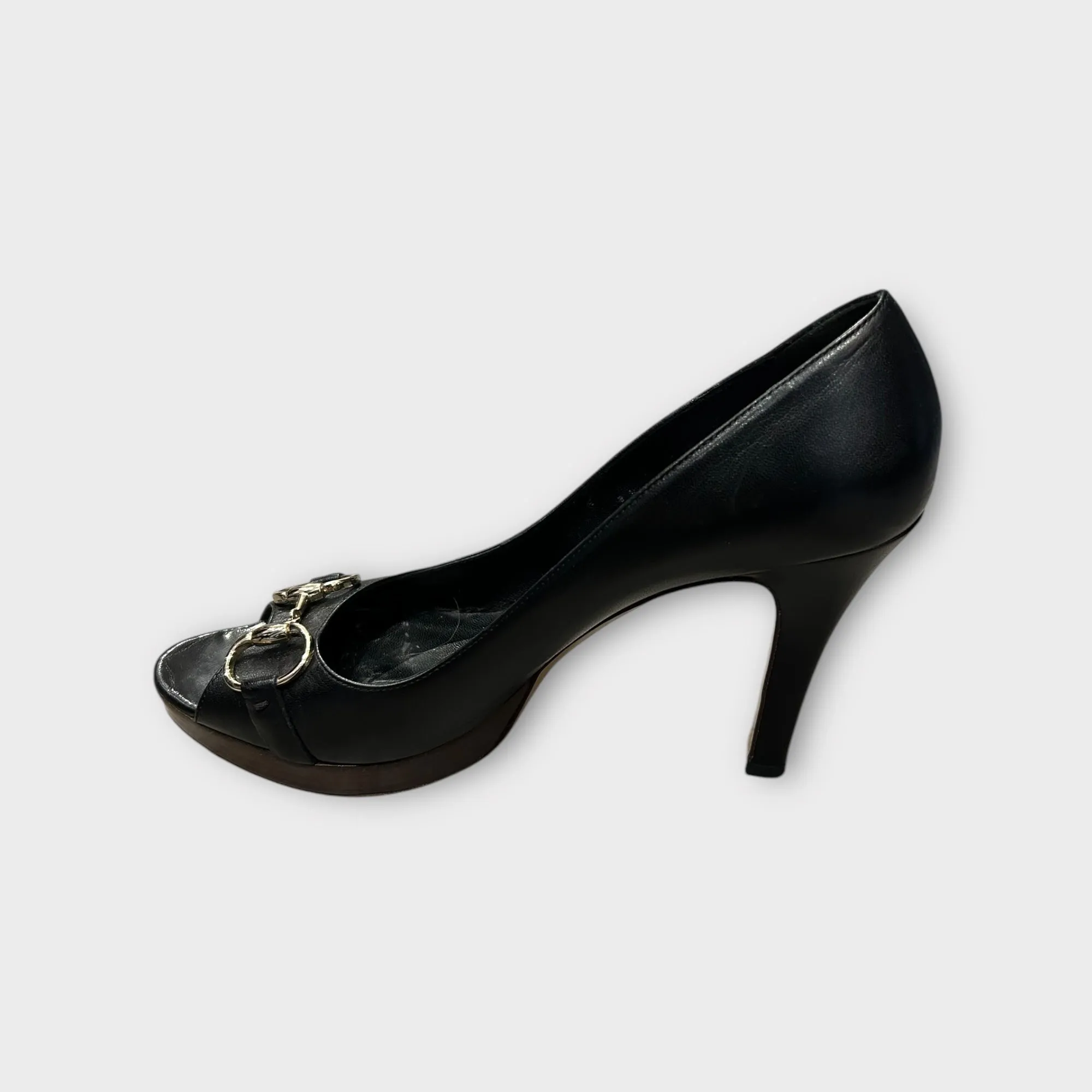 GUCCI Horsebit Black Leather Peep Toe - Size 41