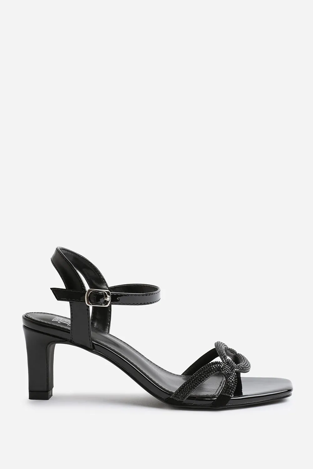 HAILEY EXTRA WIDE FIT SQUARE TOE LOW BLOCK HEEL WITH DIAMANTE STRAP DETAIL IN BLACK FAUX LEATHER