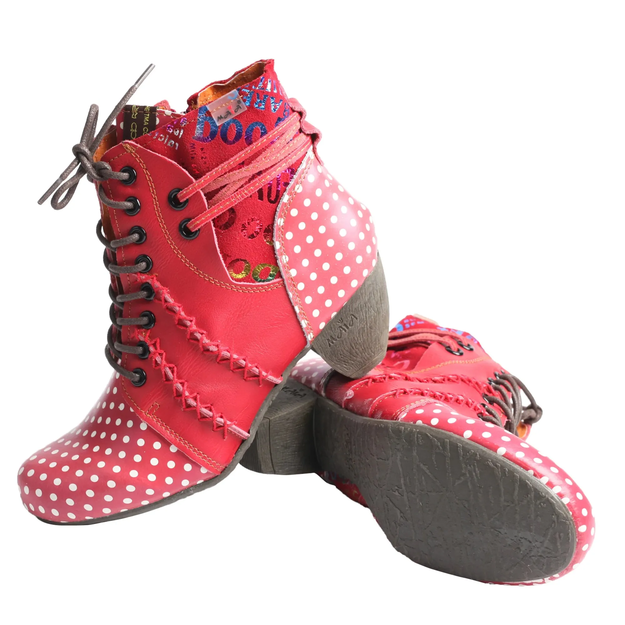 Handmade Stylish Polka Women Ankle Boots Genuine Leather