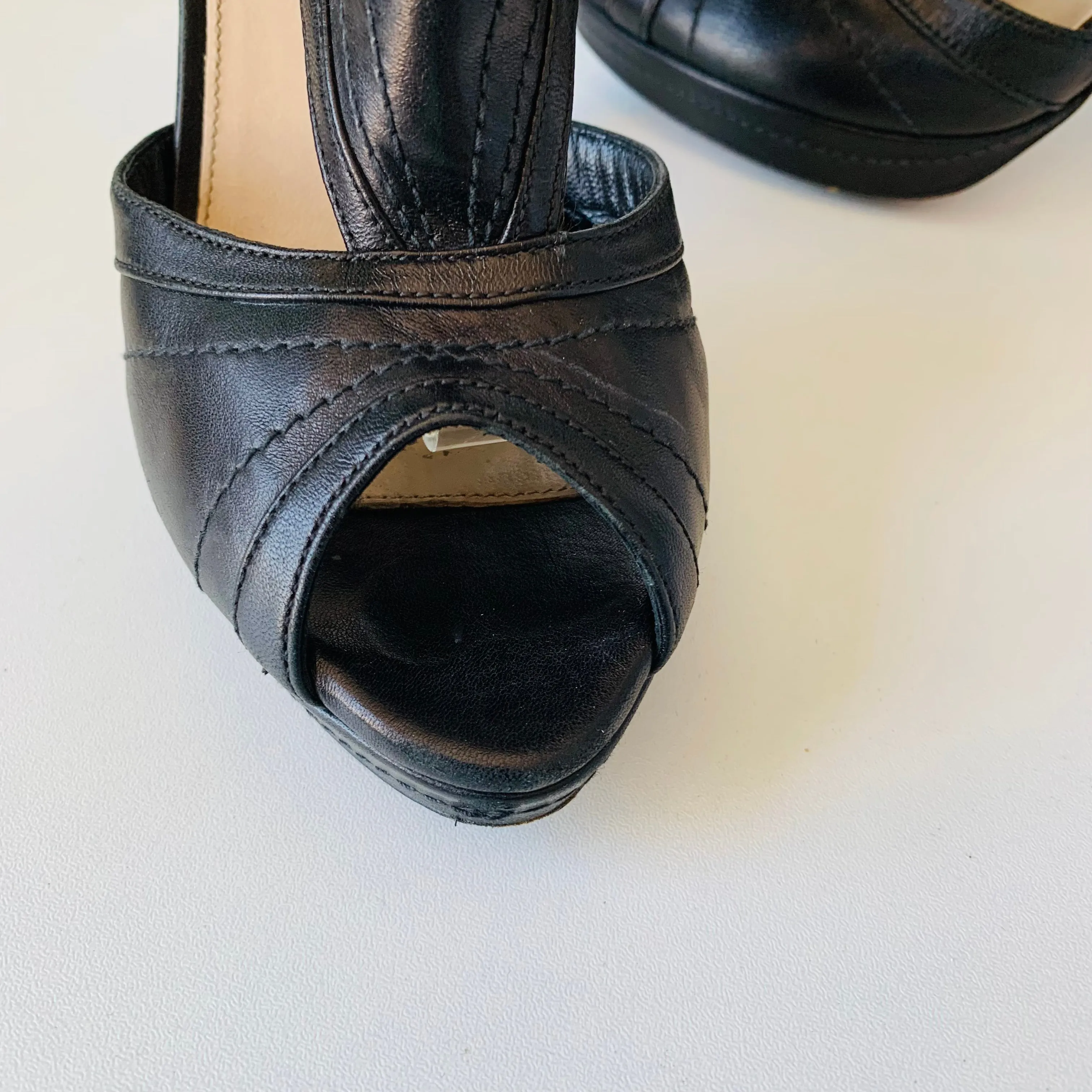 Prada Black Leather Peep Toe Platform Cut Out Heels Size 37.5 Authentic