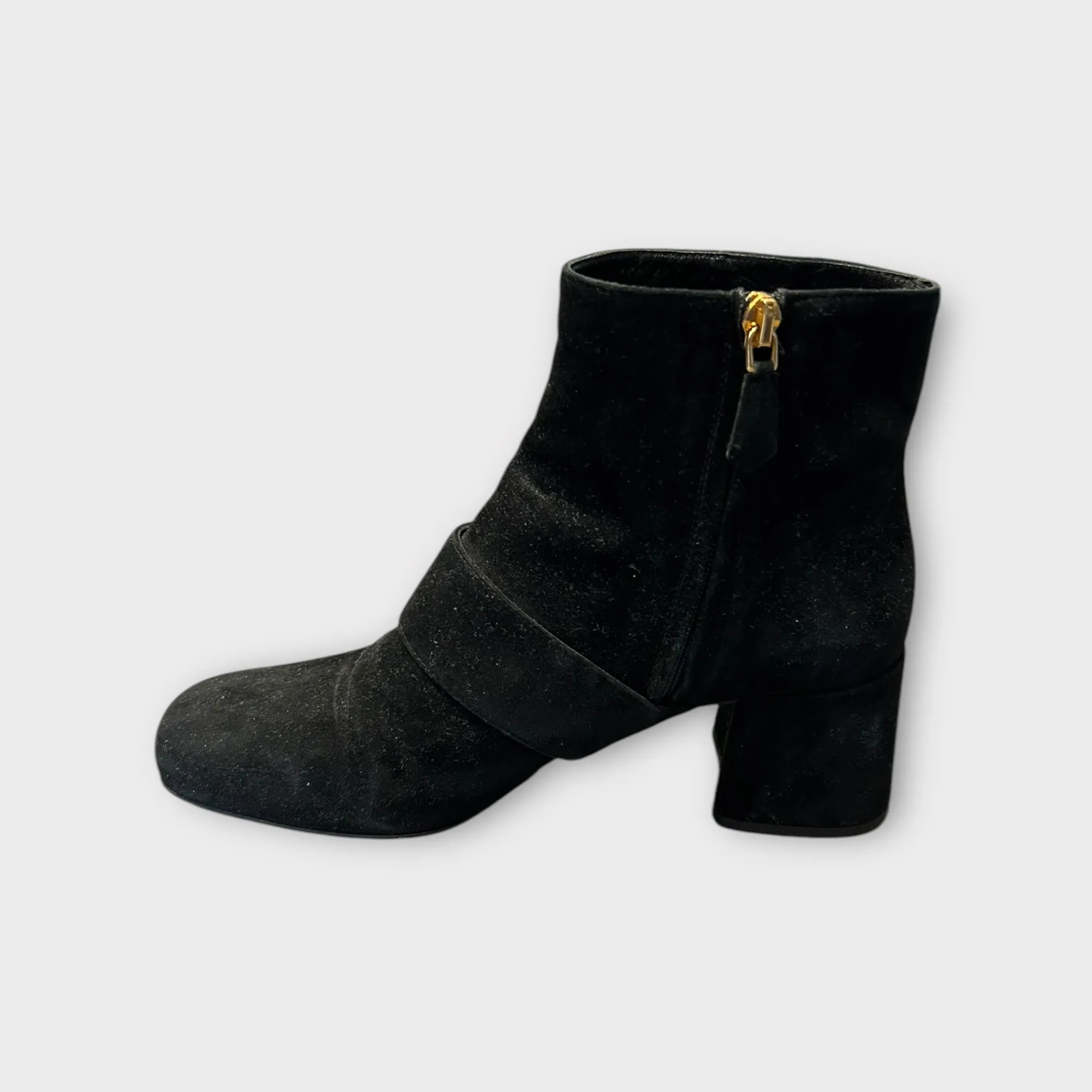 PRADA Suede Block Heel Boots With Gold Accent - Size 36.5