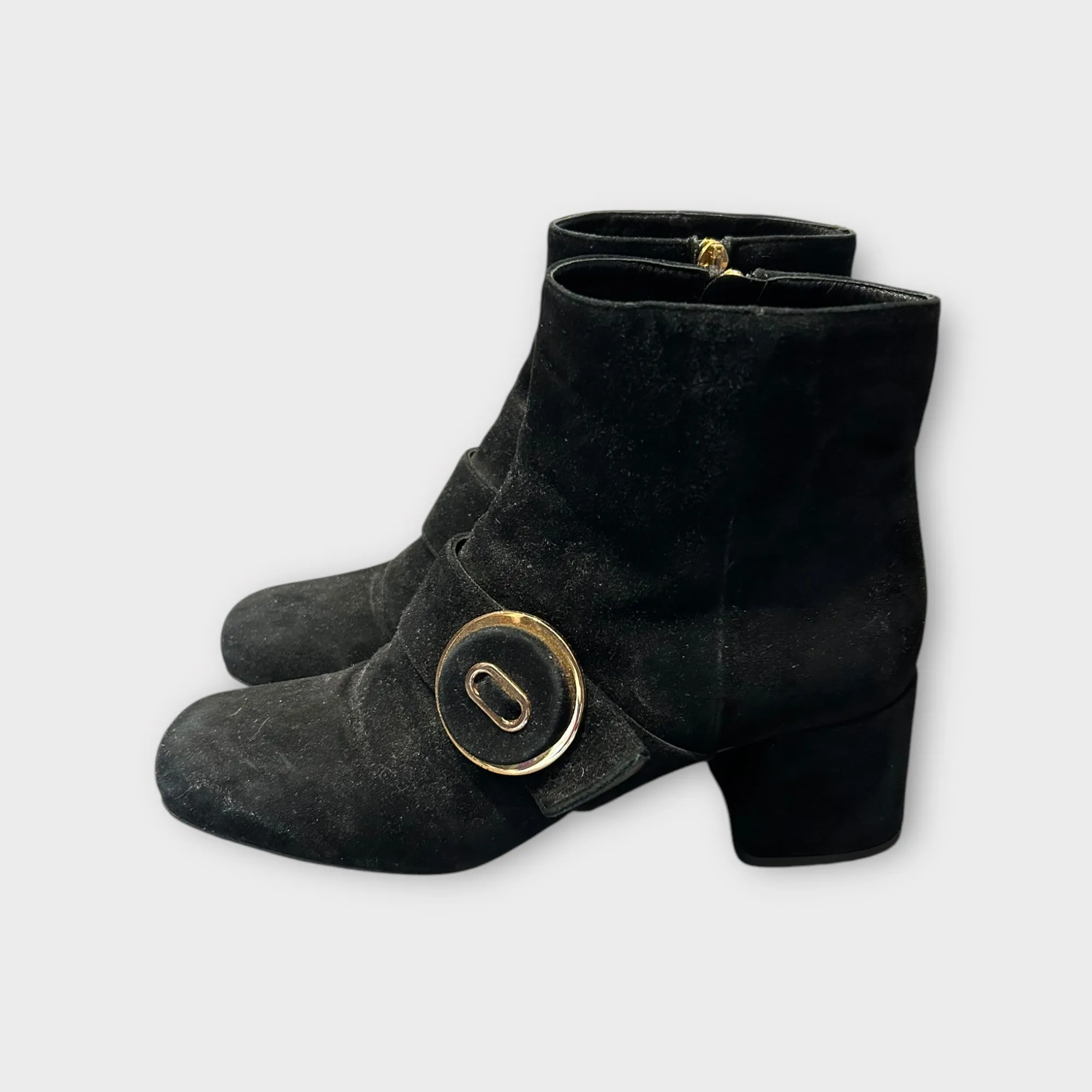 PRADA Suede Block Heel Boots With Gold Accent - Size 36.5