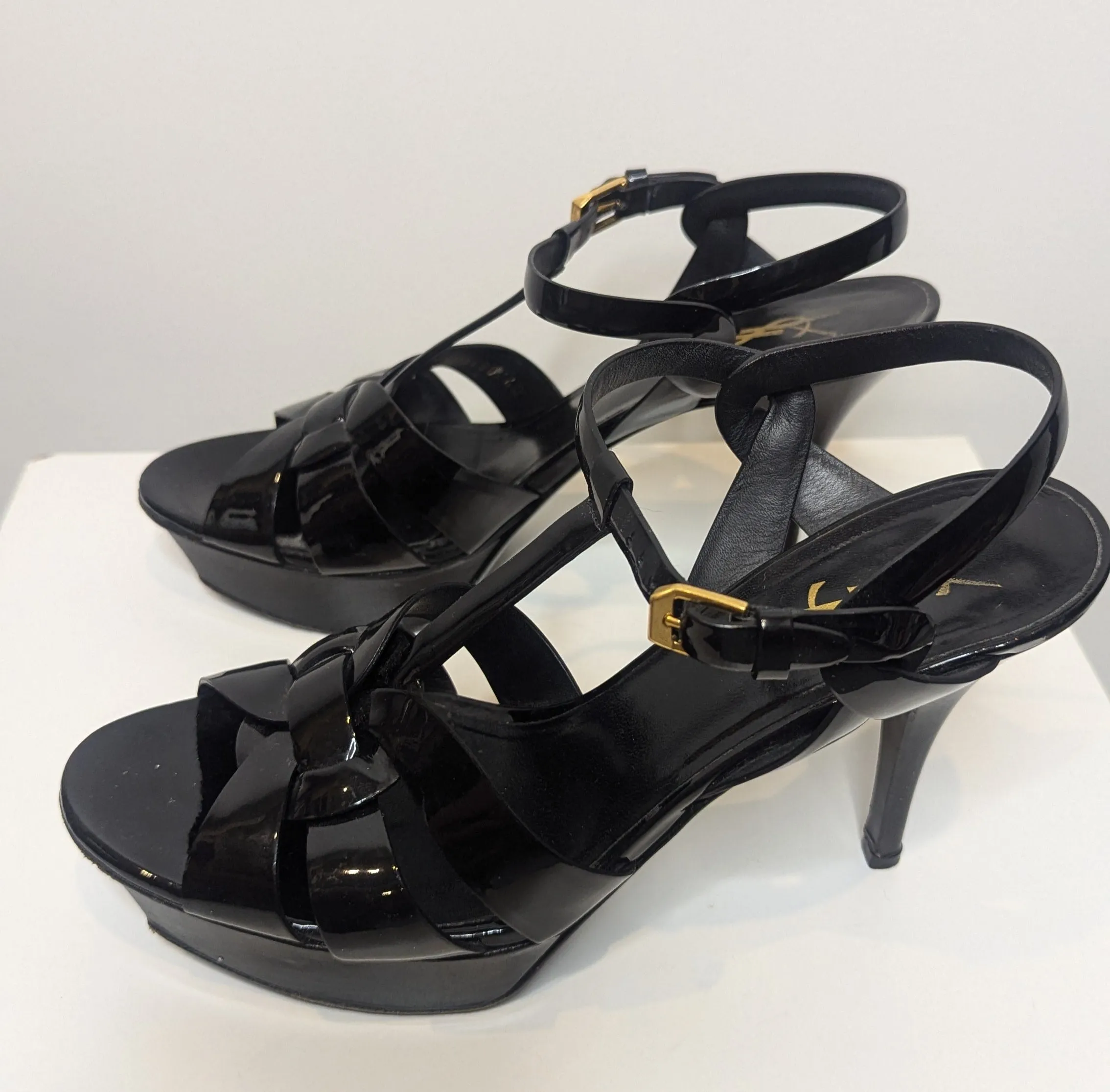 Saint Laurent Paris YSL Black Tribute T-Strap Platform Sandals