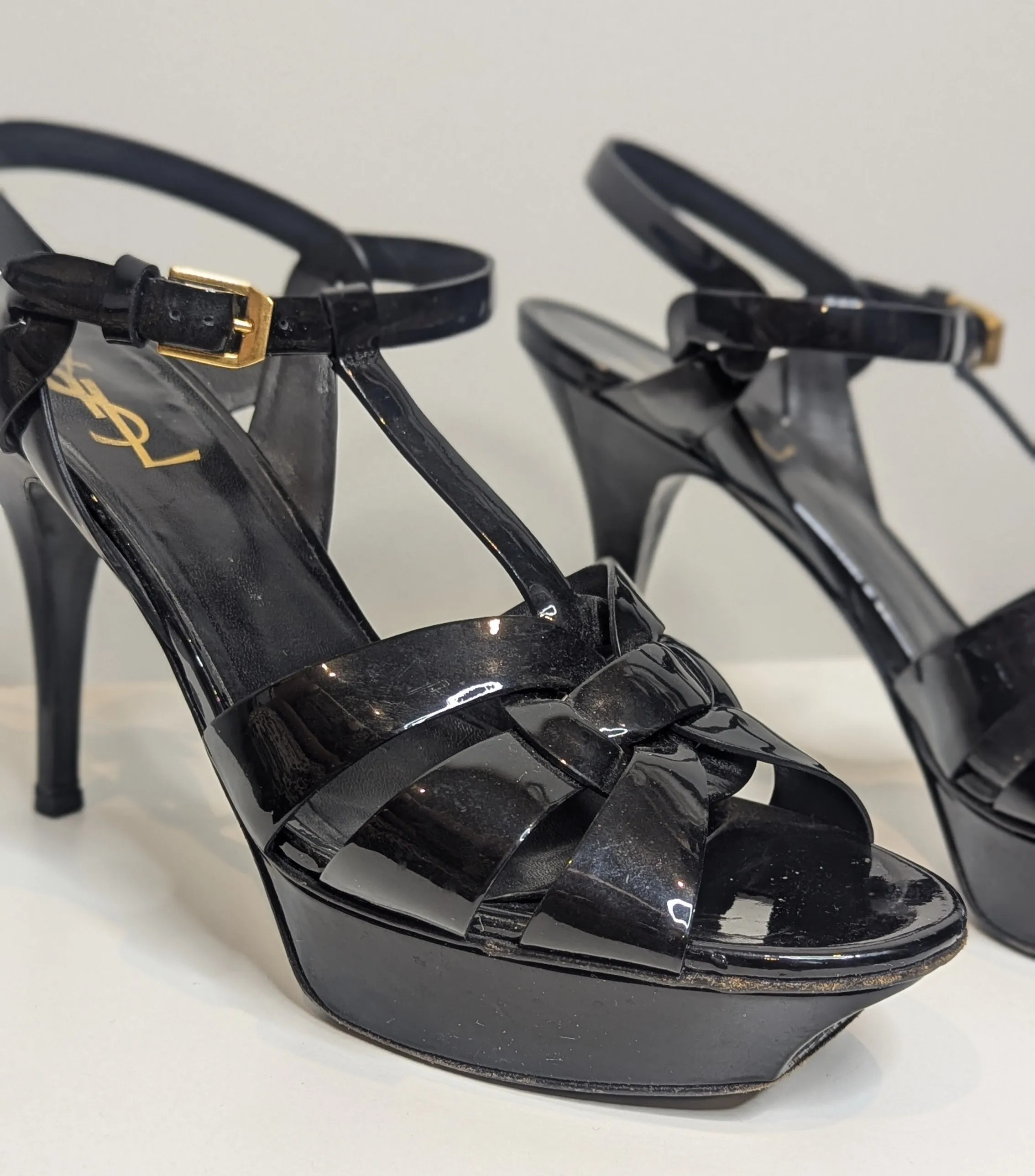 Saint Laurent Paris YSL Black Tribute T-Strap Platform Sandals