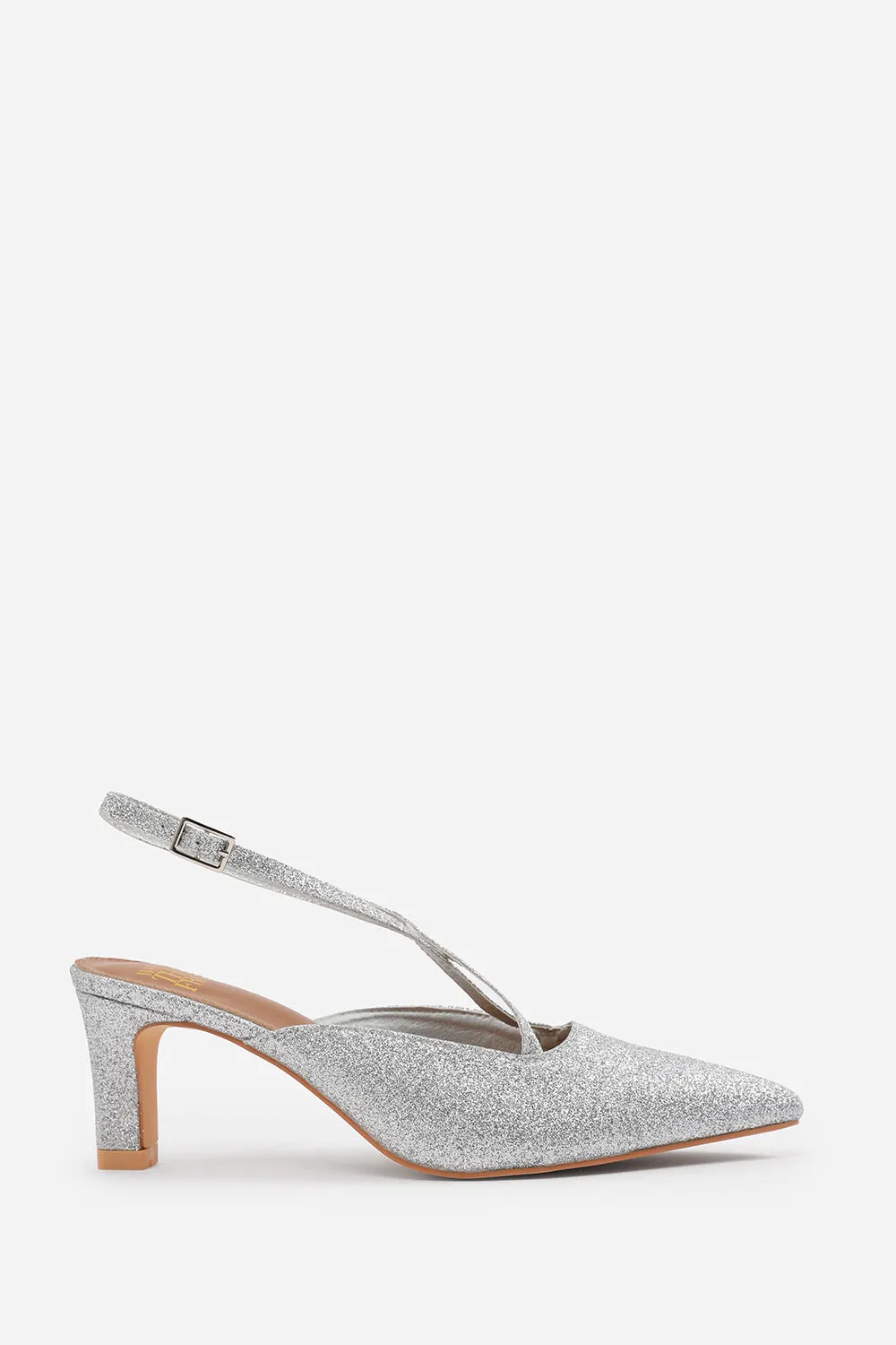 SERNA WIDE FIT POINTED TOE LOW BLOCK HEEL WITH CROSS OVER ANKLE STRAP IN SILVER FINE GLITTER