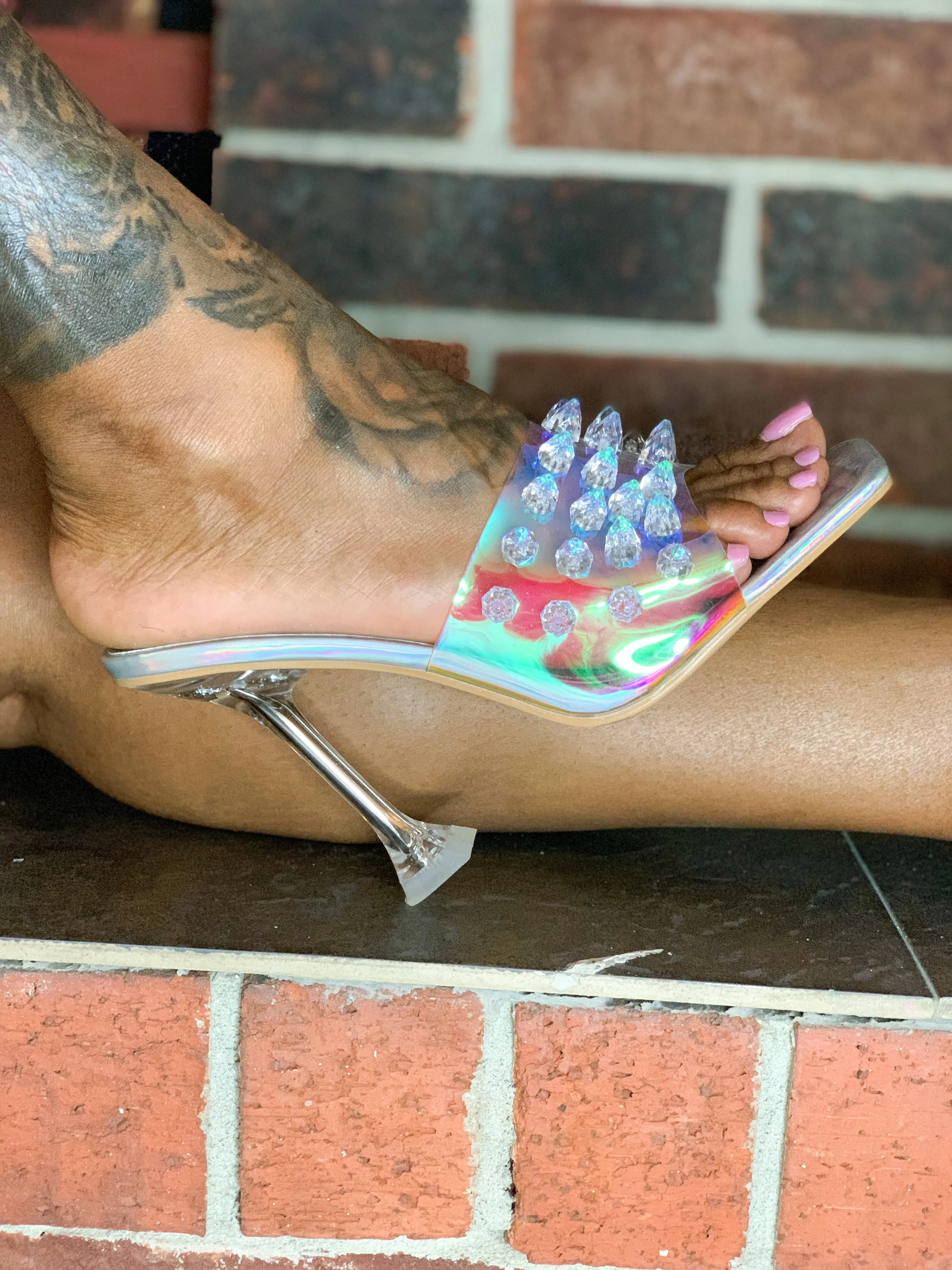 Silver Fluorescent Spiked Women Heel