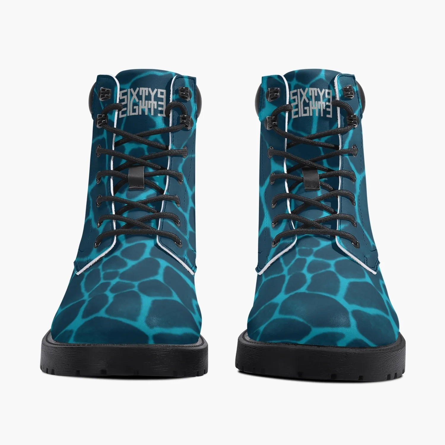 Sixty Eight 93 Logo White Boa Dark Teal Aqua Blue Leather Boots