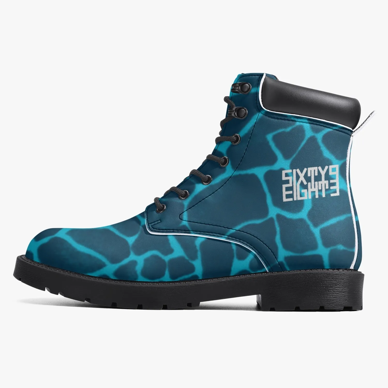 Sixty Eight 93 Logo White Boa Dark Teal Aqua Blue Leather Boots