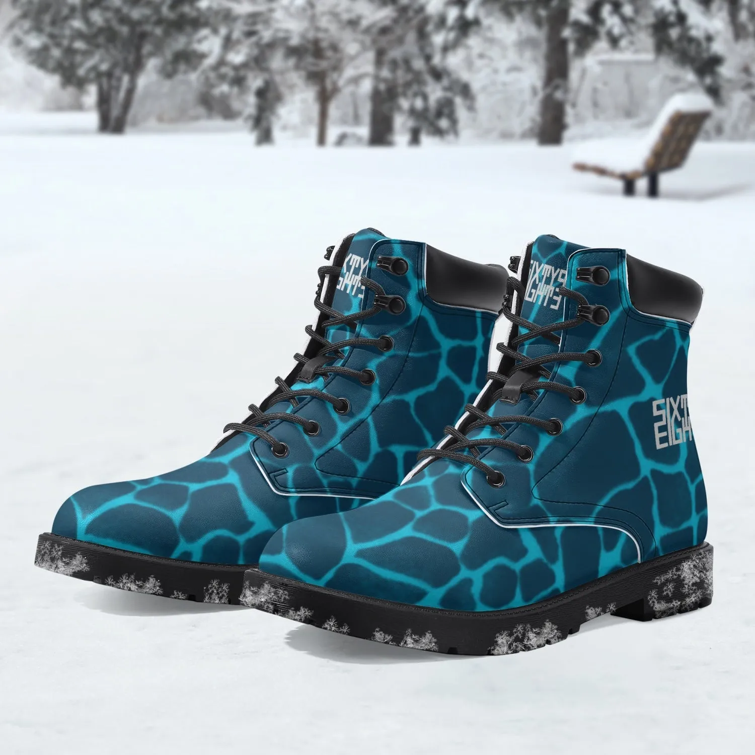 Sixty Eight 93 Logo White Boa Dark Teal Aqua Blue Leather Boots