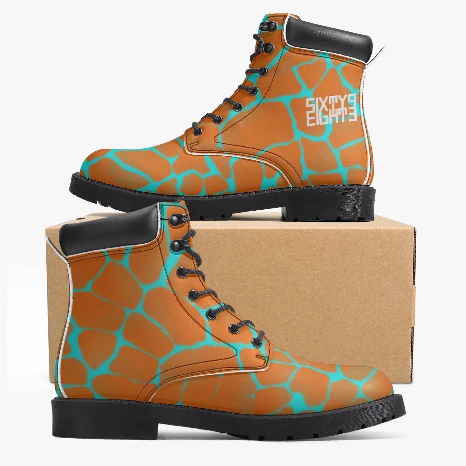 Sixty Eight 93 Logo White Boa Orange Aqua Blue Leather Boots