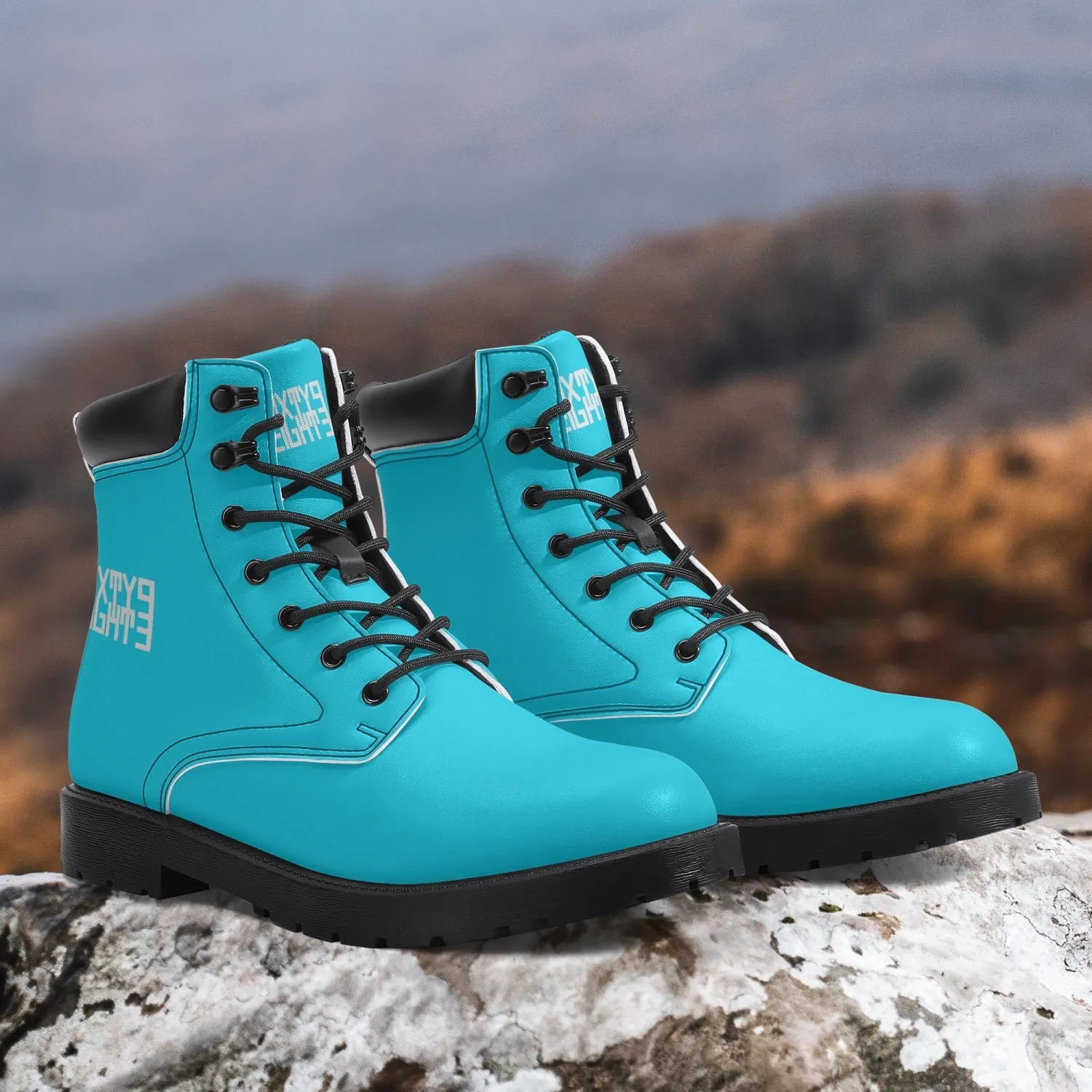 Sixty Eight Logo White Aqua Blue Leather Boots