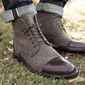 Stylish Men's Handmade Brown & Gray Ankle High Leather & Tweed Lace Up Boots