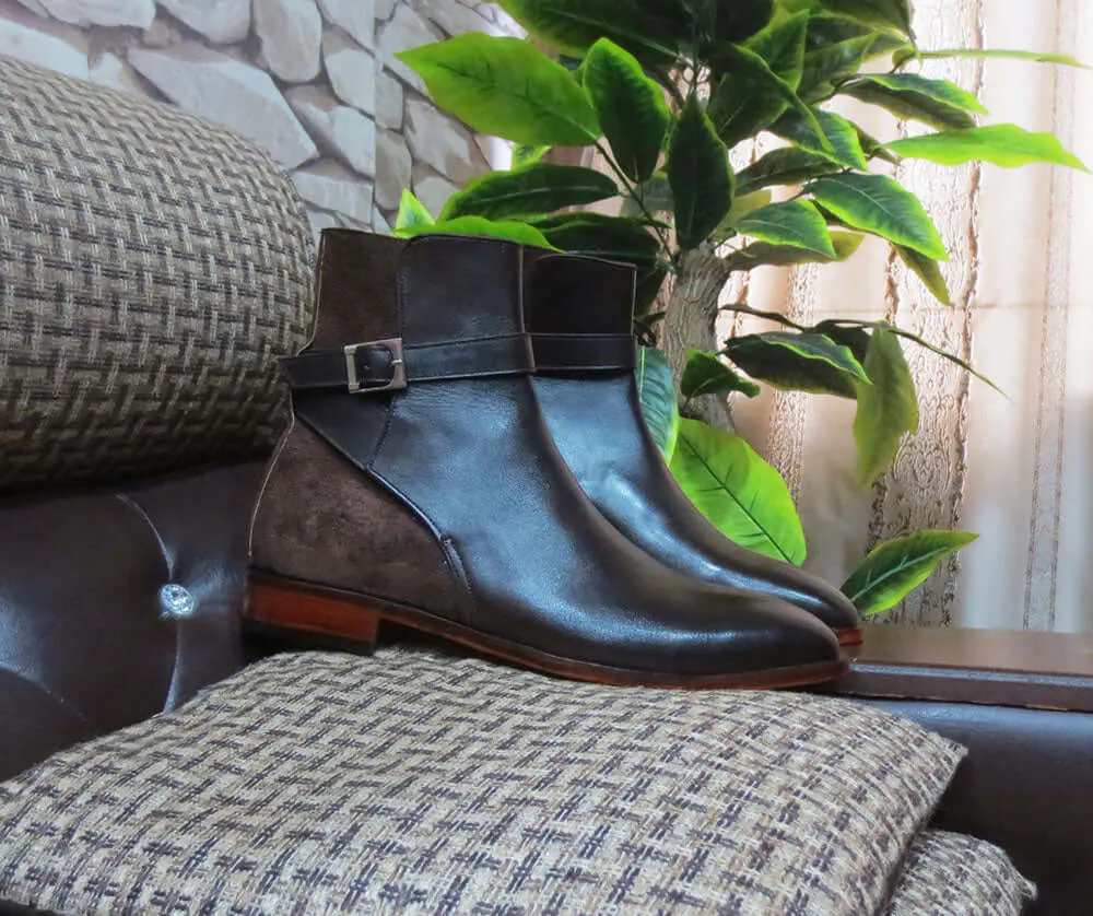 Stylish men's Handmade Leather & Suede Brown Jodhpur Buckle Boots