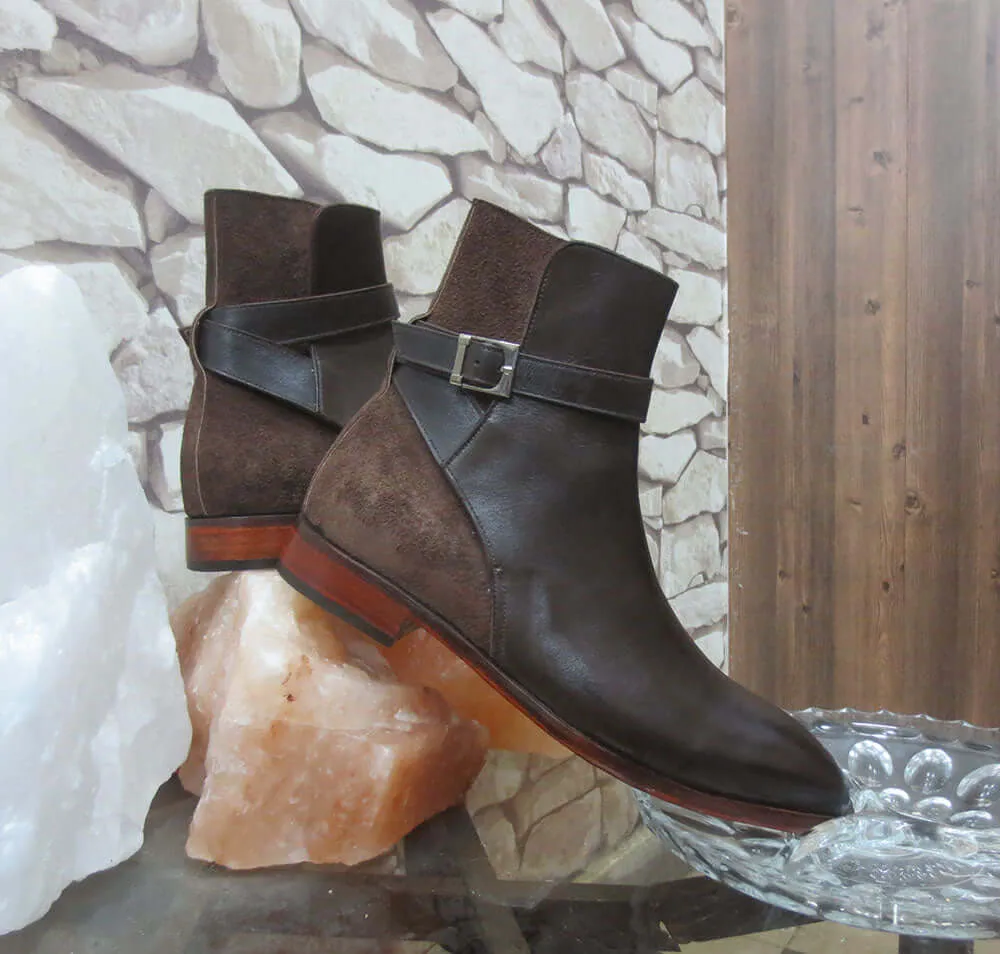 Stylish men's Handmade Leather & Suede Brown Jodhpur Buckle Boots