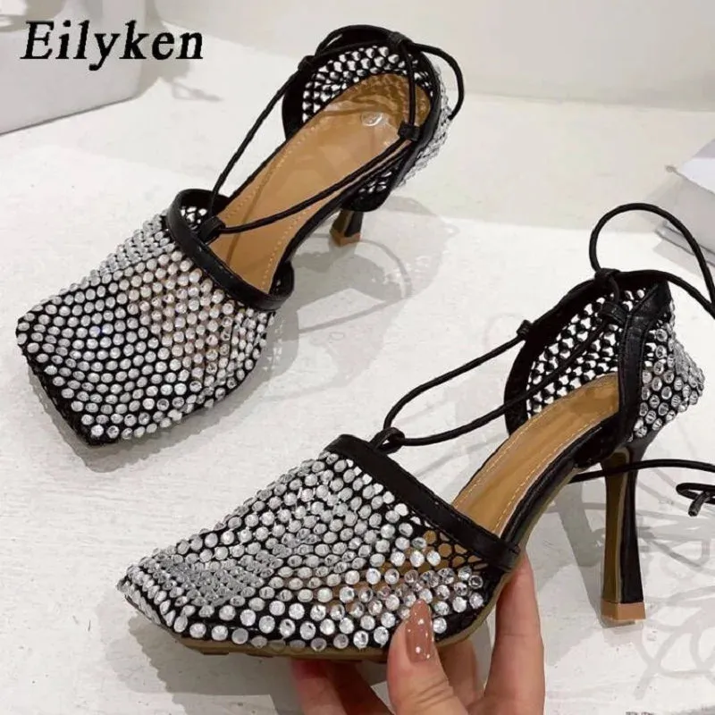 Trendy Fishnet Rhinestone Cross- Tied Sandals