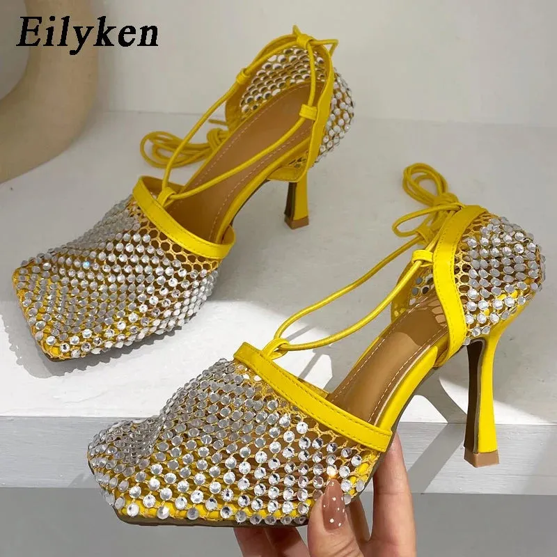 Trendy Fishnet Rhinestone Cross- Tied Sandals