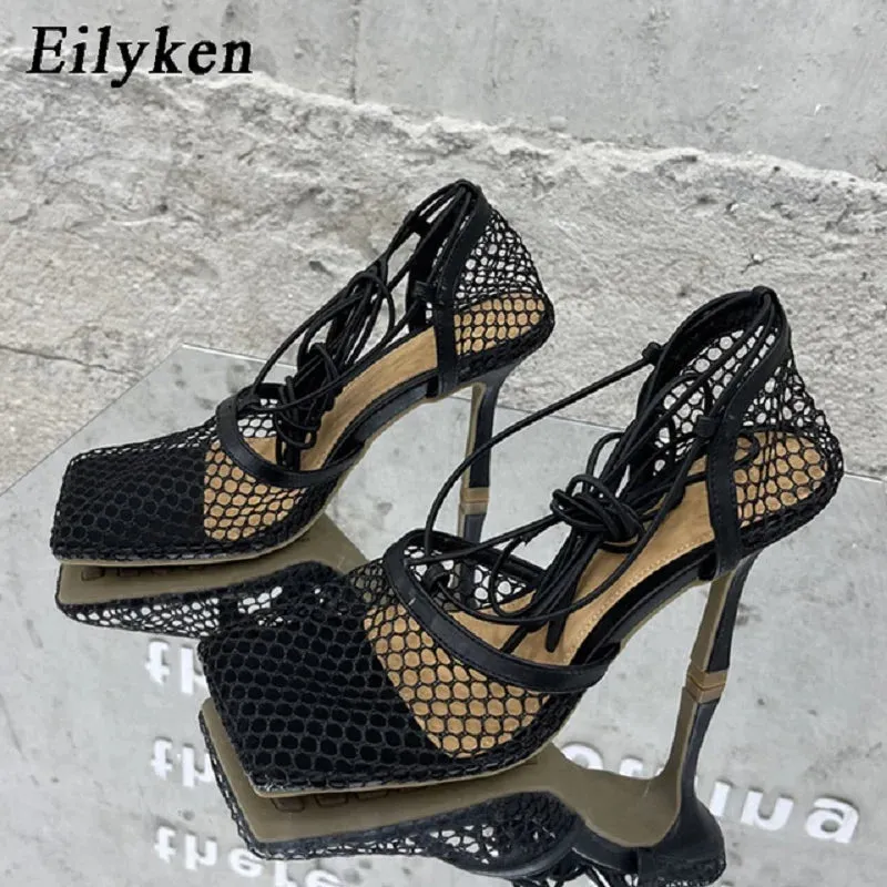 Trendy Fishnet Rhinestone Cross- Tied Sandals