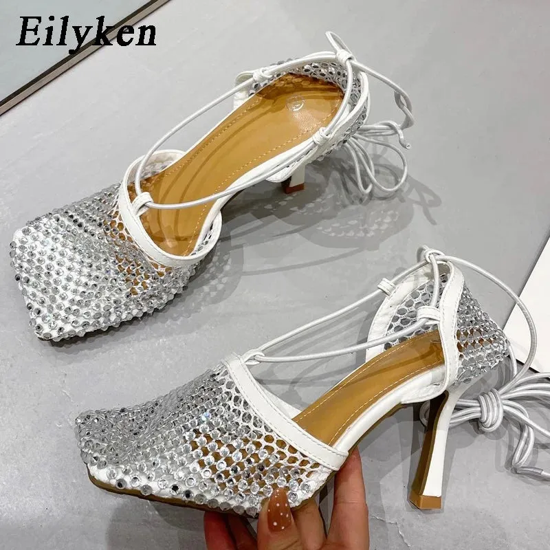 Trendy Fishnet Rhinestone Cross- Tied Sandals