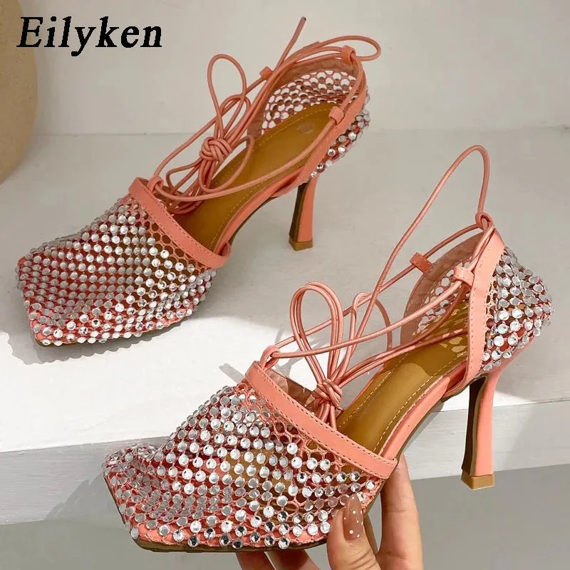 Trendy Fishnet Rhinestone Cross- Tied Sandals