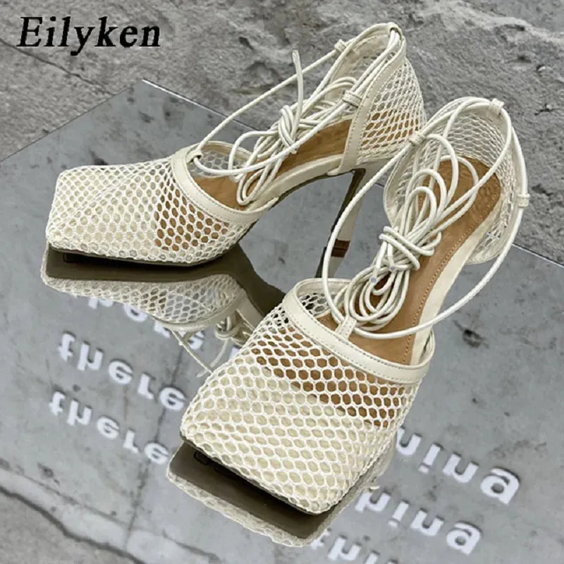 Trendy Fishnet Rhinestone Cross- Tied Sandals