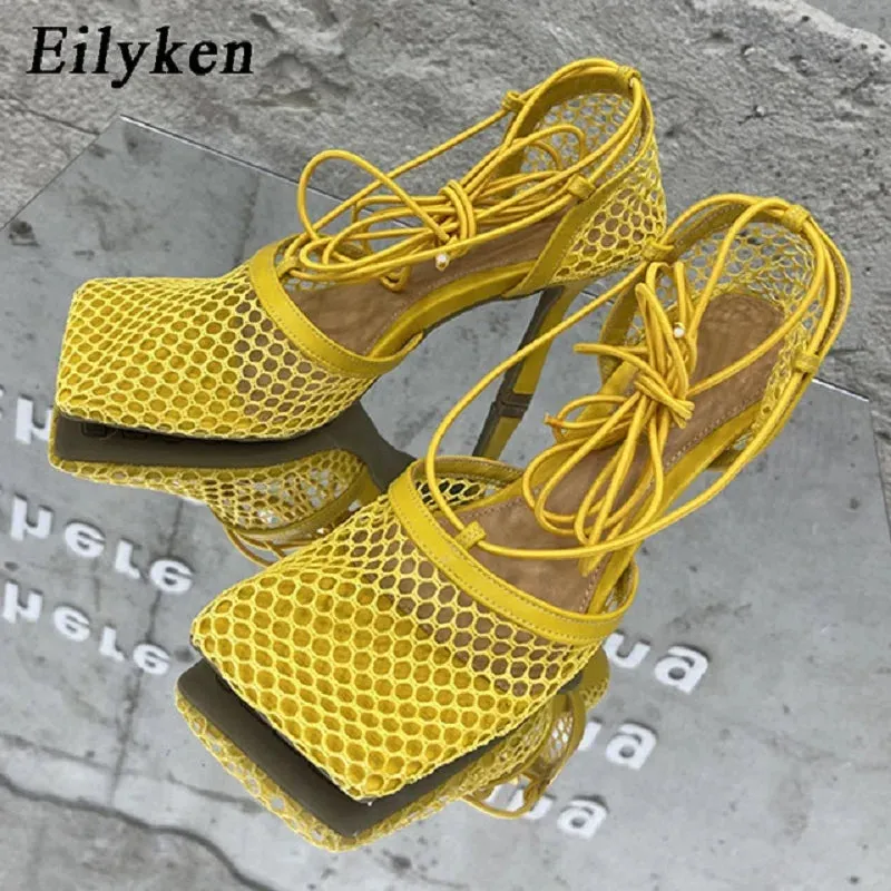 Trendy Fishnet Rhinestone Cross- Tied Sandals