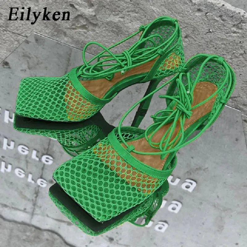 Trendy Fishnet Rhinestone Cross- Tied Sandals