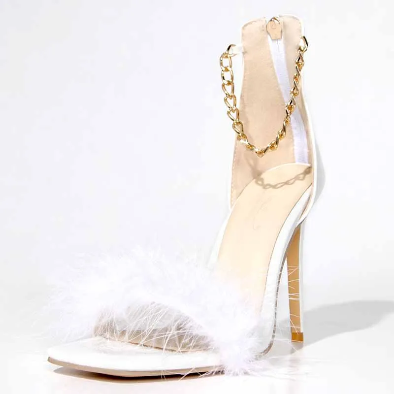 White Fluffy High Heels Sandals Shoes for a Lady to Wear to a Summer Party