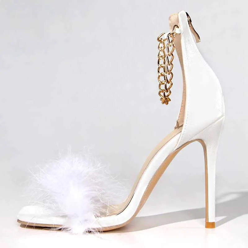 White Fluffy High Heels Sandals Shoes for a Lady to Wear to a Summer Party