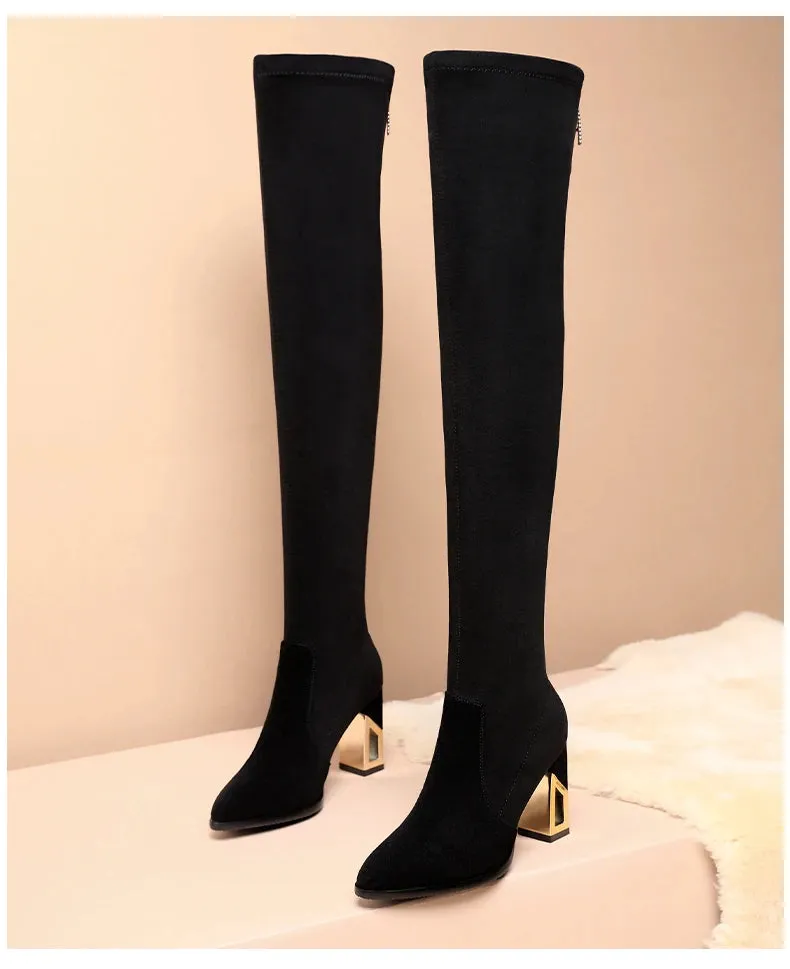 Women Zipper Pointed Toe Chunky Heel Over Knee Boots Winter Suede Socks Boots