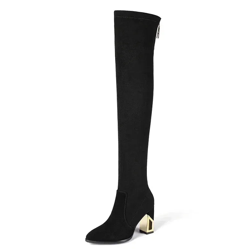 Women Zipper Pointed Toe Chunky Heel Over Knee Boots Winter Suede Socks Boots