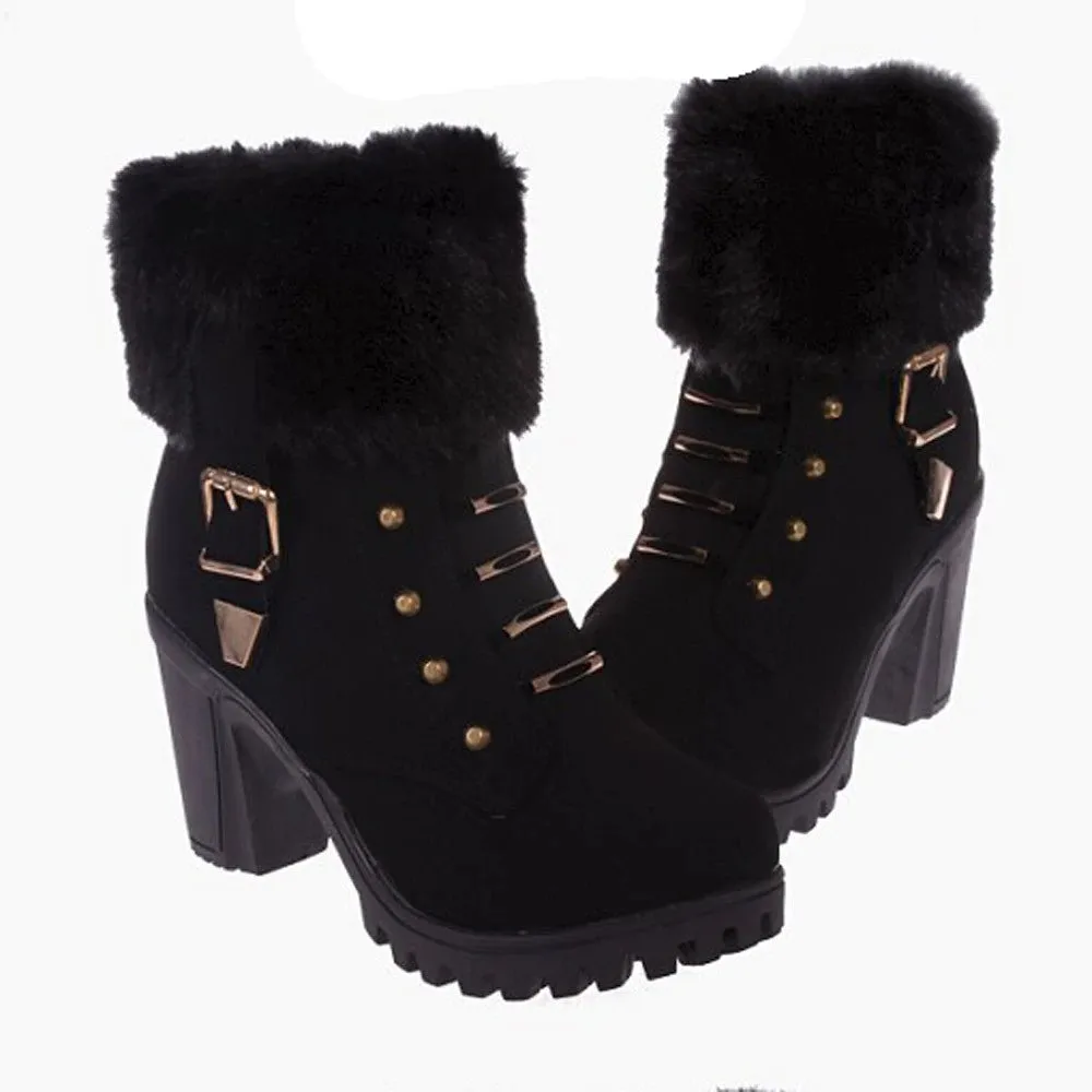 Women's Winter Warm Hoof-Heeled Ankle Boots