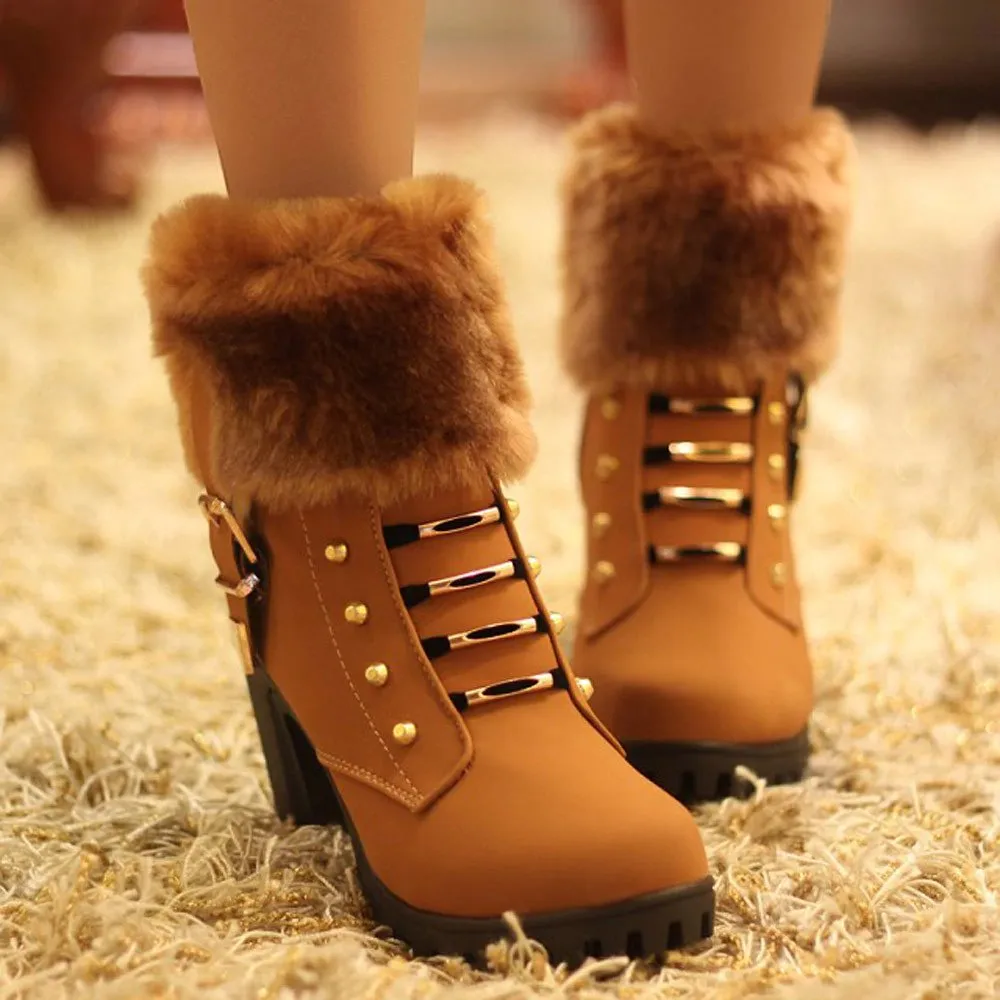 Women's Winter Warm Hoof-Heeled Ankle Boots