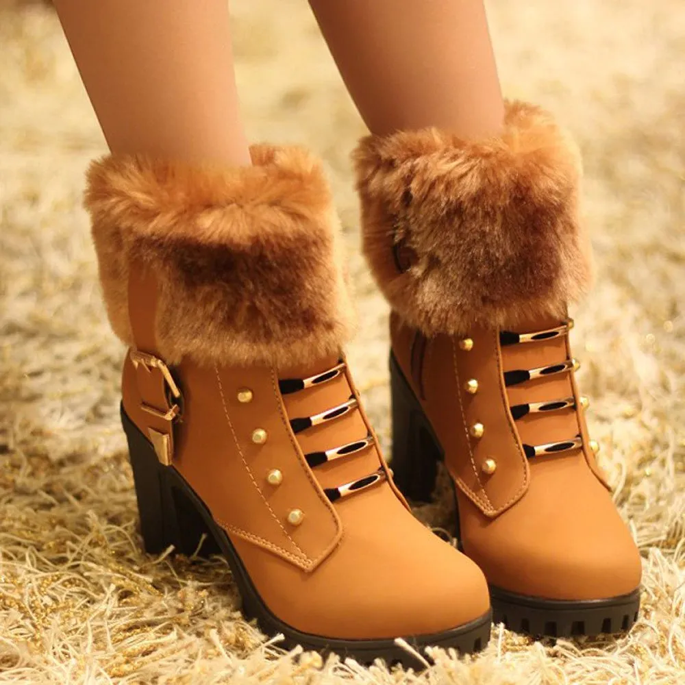 Women's Winter Warm Hoof-Heeled Ankle Boots