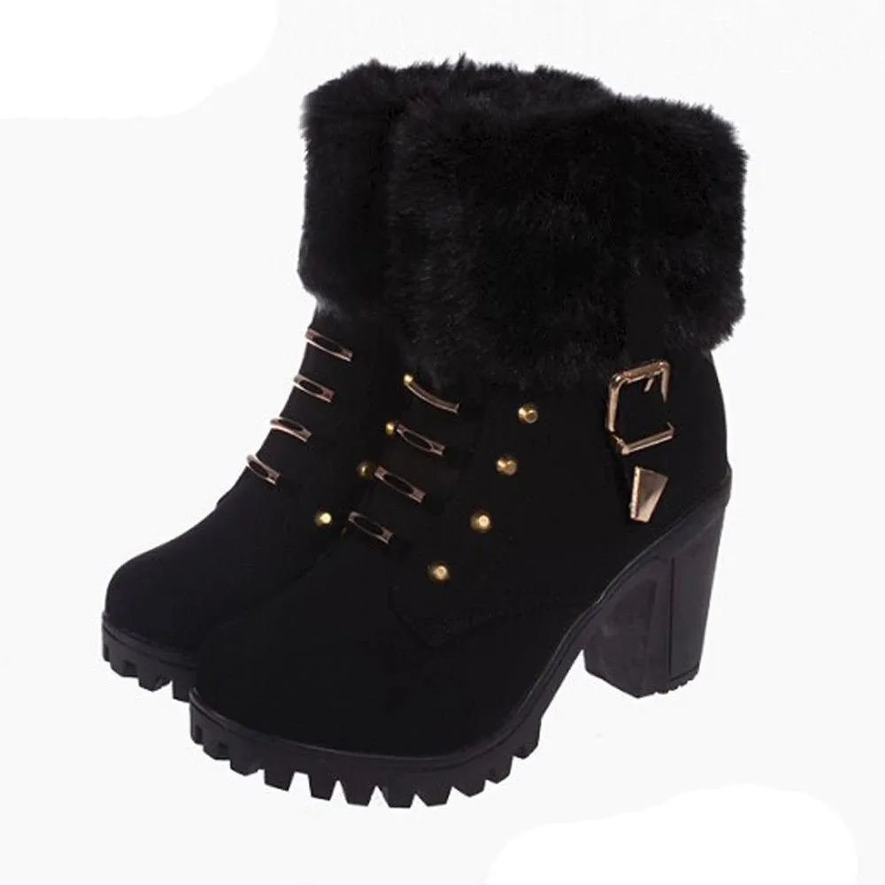 Women's Winter Warm Hoof-Heeled Ankle Boots