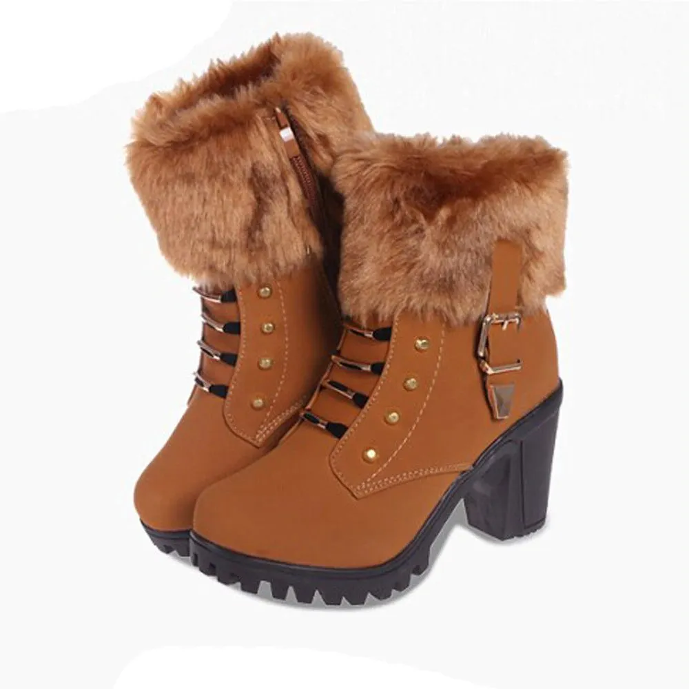 Women's Winter Warm Hoof-Heeled Ankle Boots