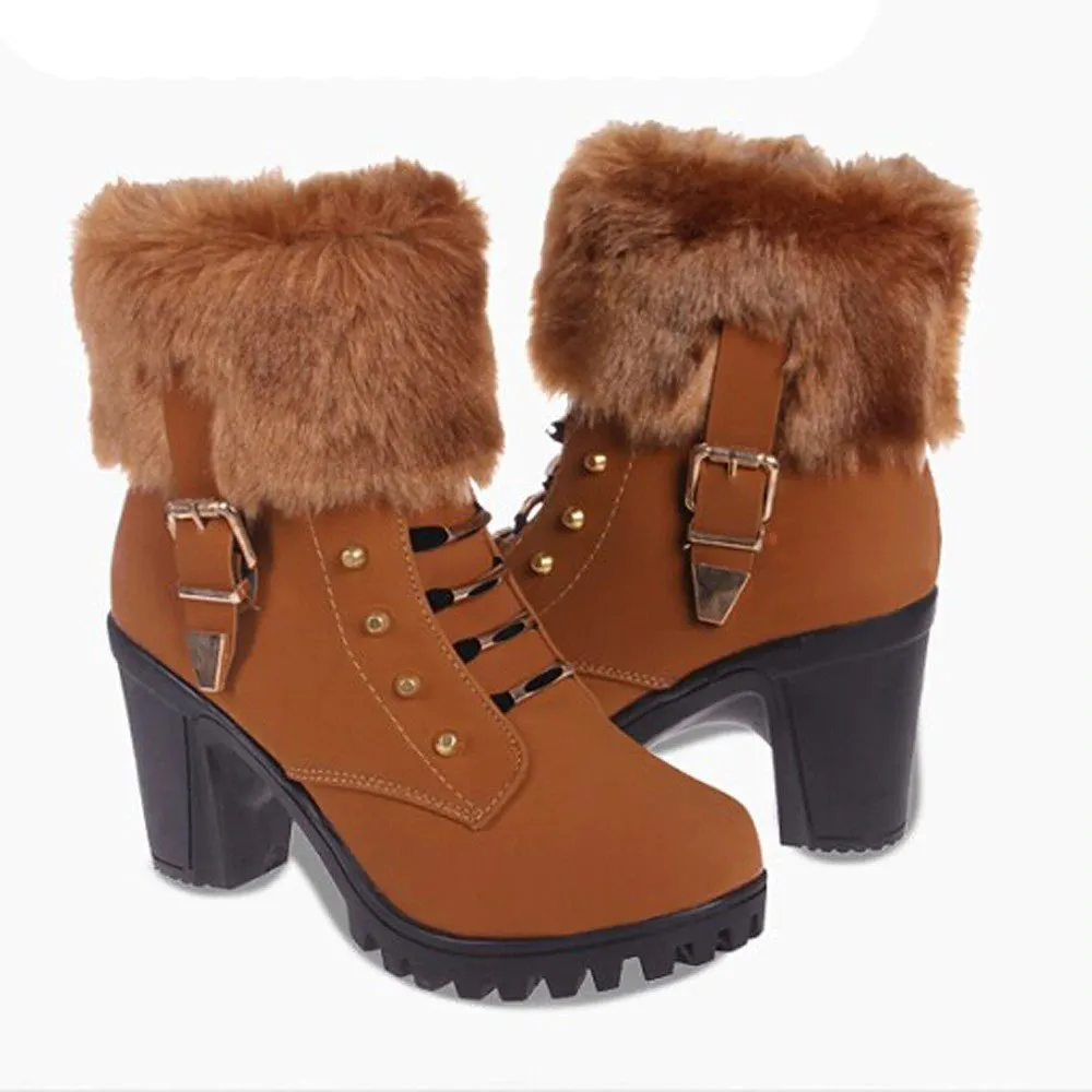 Women's Winter Warm Hoof-Heeled Ankle Boots